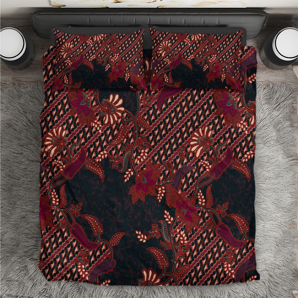 Indonesian Parang Batik Bedding Set Red Floral Pattern