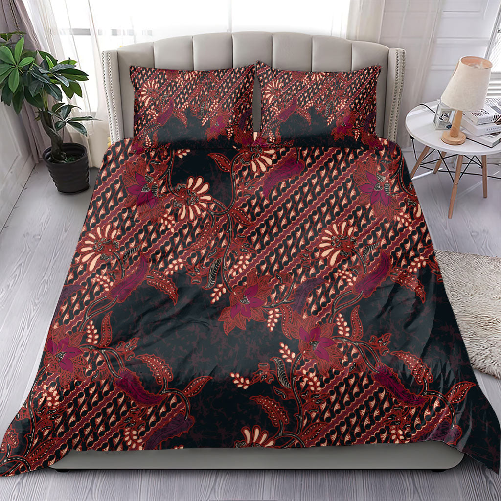Indonesian Parang Batik Bedding Set Red Floral Pattern