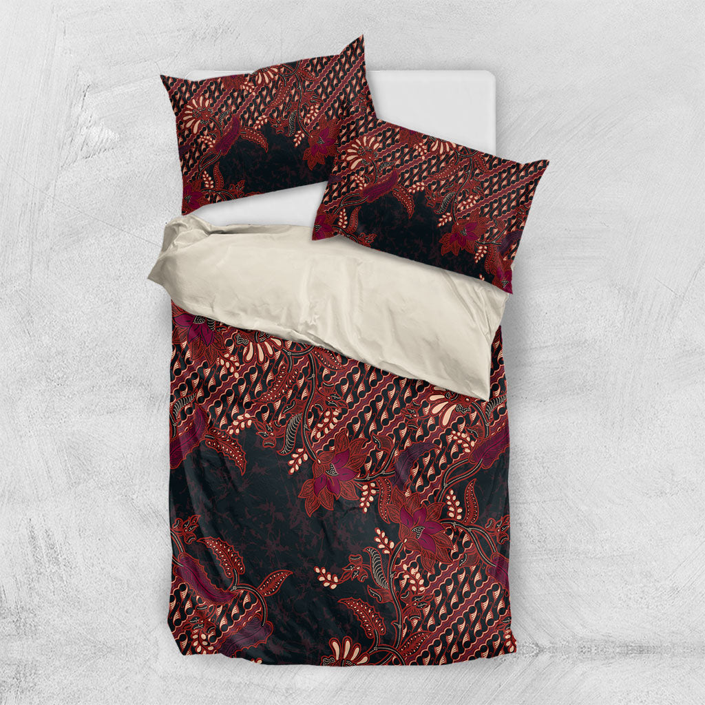 Indonesian Parang Batik Bedding Set Red Floral Pattern