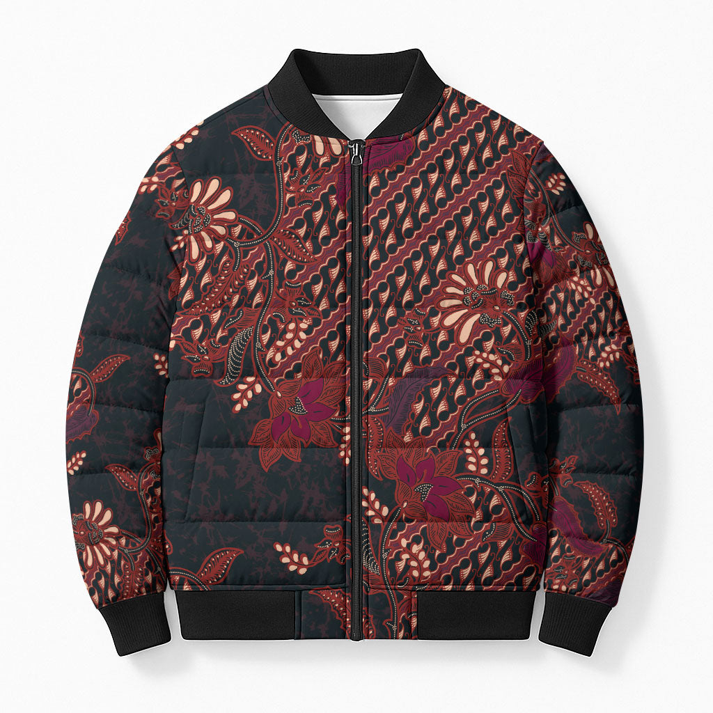 Indonesian Parang Batik Bomber Puffer Jacket Red Floral Pattern