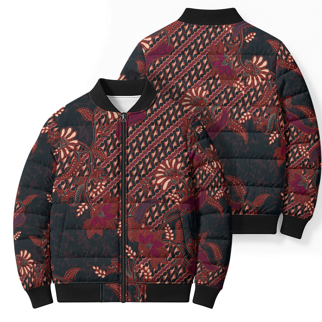 Indonesian Parang Batik Bomber Puffer Jacket Red Floral Pattern