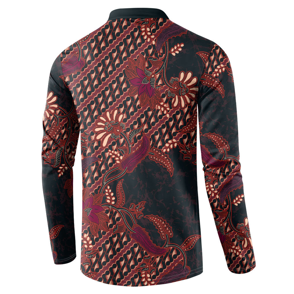 Indonesian Parang Batik Button Sweatshirt Red Floral Pattern