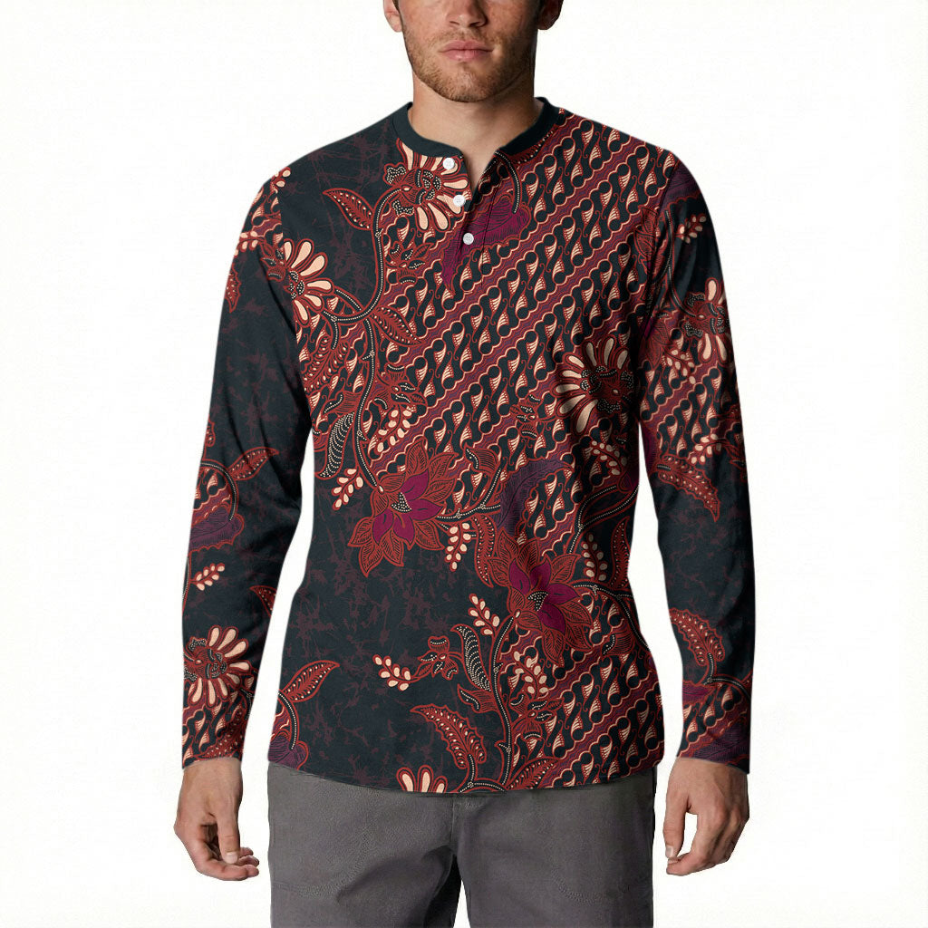 Indonesian Parang Batik Button Sweatshirt Red Floral Pattern