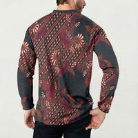 Indonesian Parang Batik Button Sweatshirt Red Floral Pattern