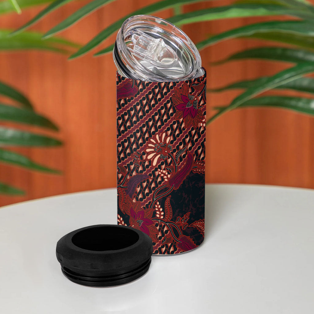 Indonesian Parang Batik 4 in 1 Can Cooler Tumbler Red Floral Pattern