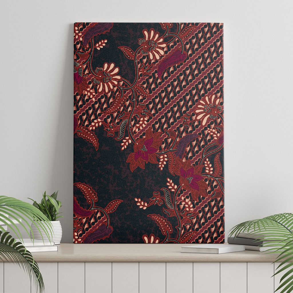 Indonesian Parang Batik Canvas Wall Art Red Floral Pattern