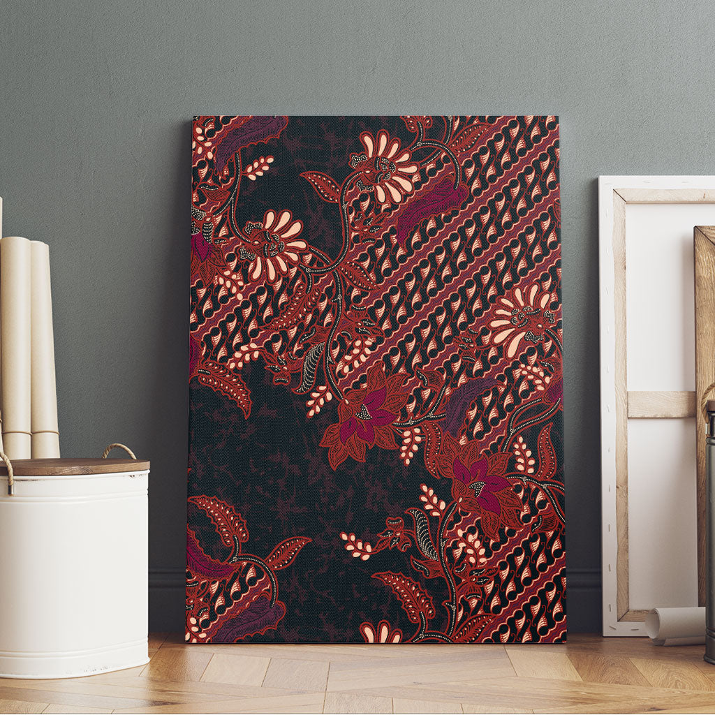 Indonesian Parang Batik Canvas Wall Art Red Floral Pattern
