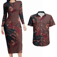 Indonesian Parang Batik Couples Matching Long Sleeve Bodycon Dress and Hawaiian Shirt Red Floral Pattern