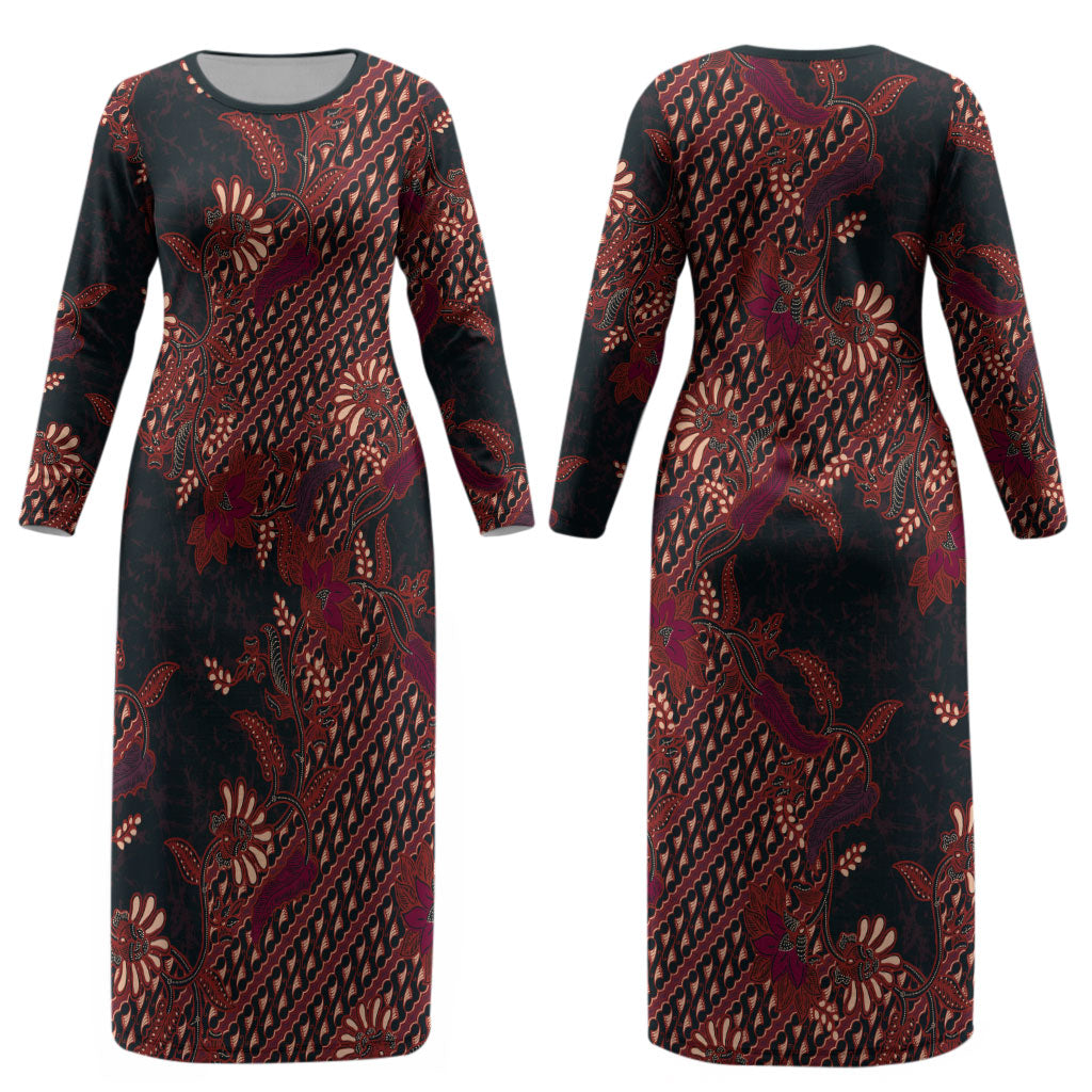 Indonesian Parang Batik Couples Matching Long Sleeve Bodycon Dress and Hawaiian Shirt Red Floral Pattern