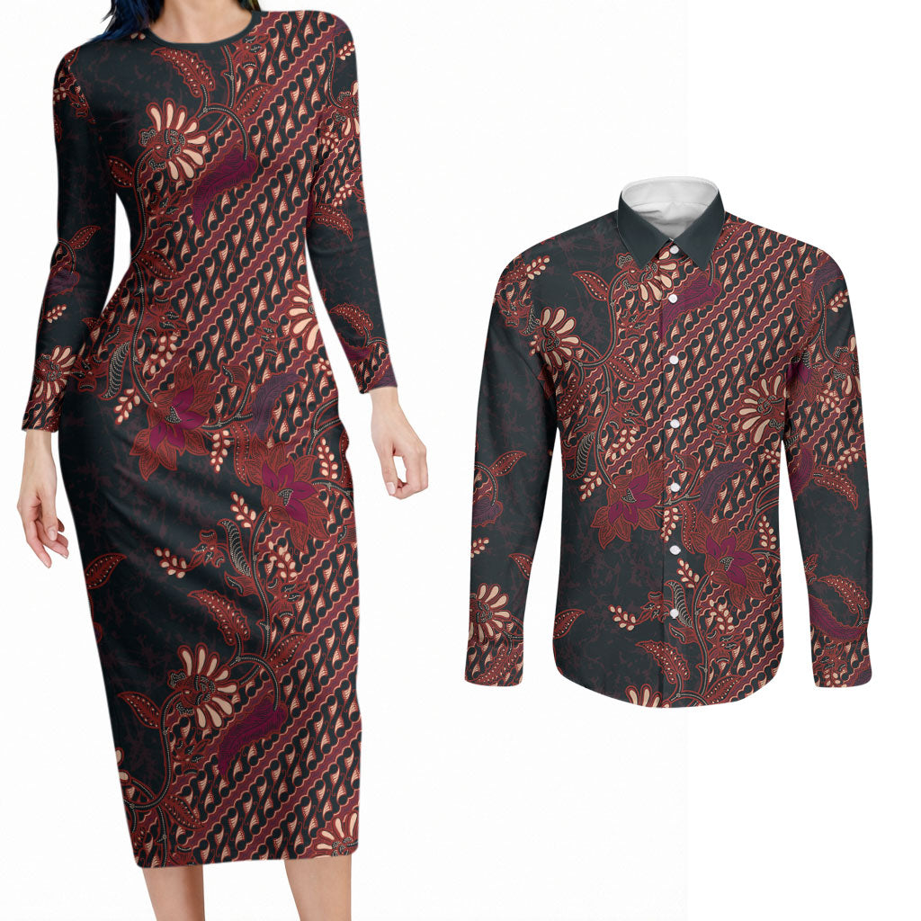 Indonesian Parang Batik Couples Matching Long Sleeve Bodycon Dress and Long Sleeve Button Shirt Red Floral Pattern