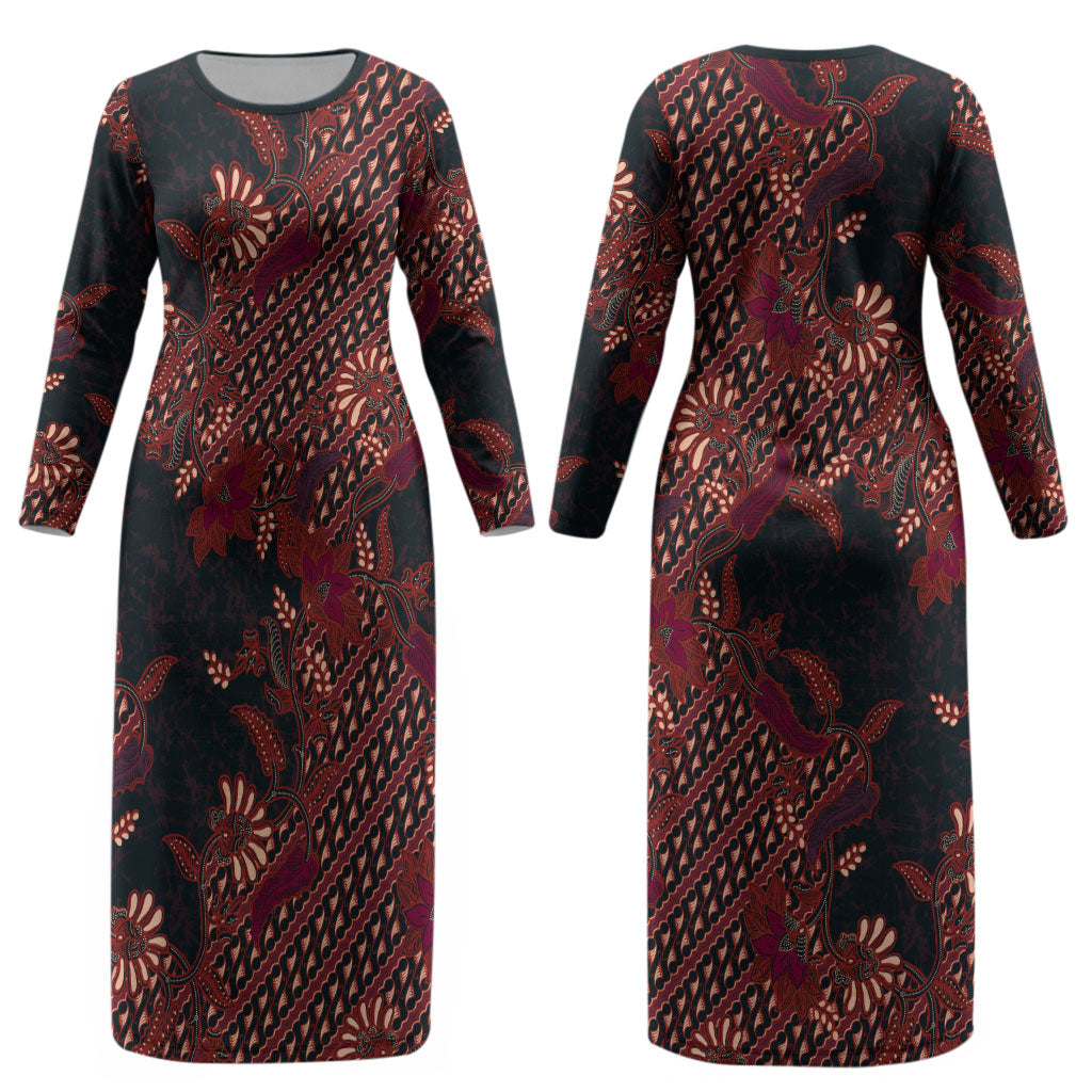 Indonesian Parang Batik Couples Matching Long Sleeve Bodycon Dress and Long Sleeve Button Shirt Red Floral Pattern
