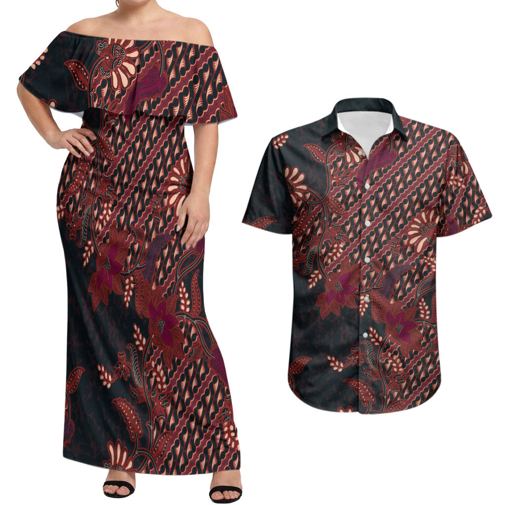 Indonesian Parang Batik Couples Matching Off Shoulder Maxi Dress and Hawaiian Shirt Red Floral Pattern