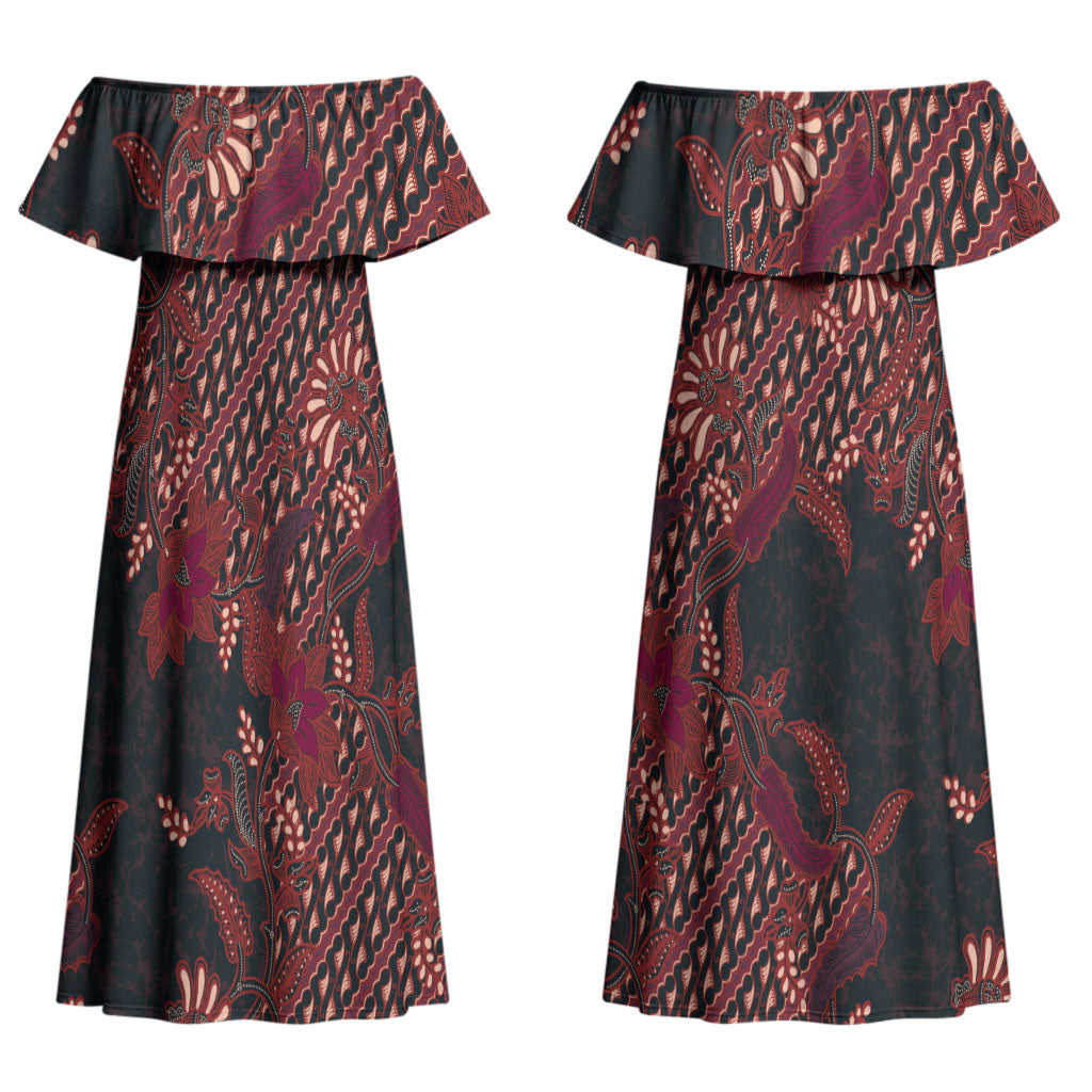 Indonesian Parang Batik Couples Matching Off Shoulder Maxi Dress and Hawaiian Shirt Red Floral Pattern