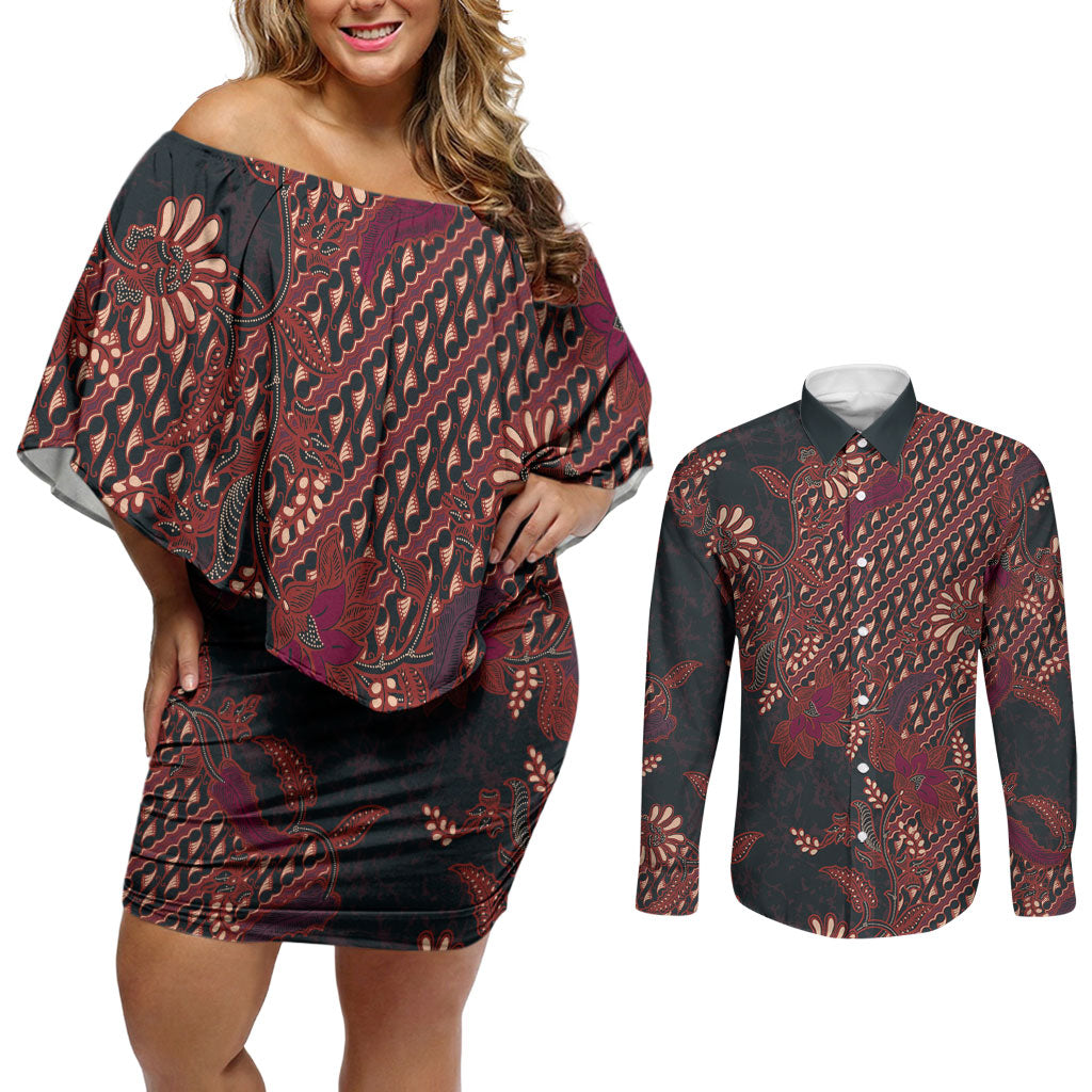 Indonesian Parang Batik Couples Matching Off Shoulder Short Dress and Long Sleeve Button Shirt Red Floral Pattern