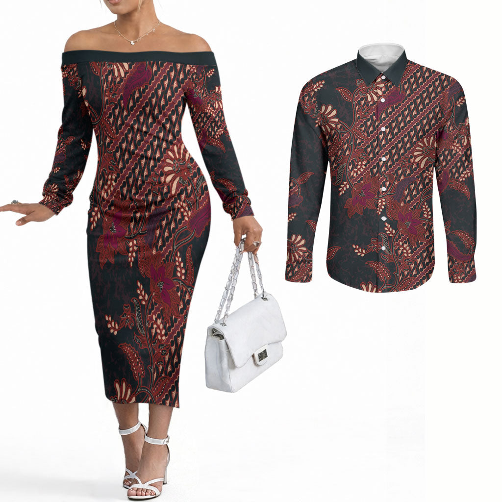Indonesian Parang Batik Couples Matching Off The Shoulder Long Sleeve Dress and Long Sleeve Button Shirt Red Floral Pattern