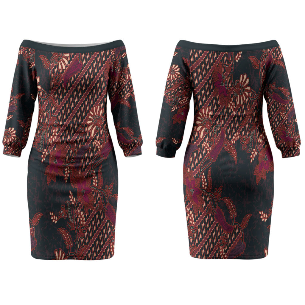 Indonesian Parang Batik Couples Matching Off The Shoulder Long Sleeve Dress and Long Sleeve Button Shirt Red Floral Pattern