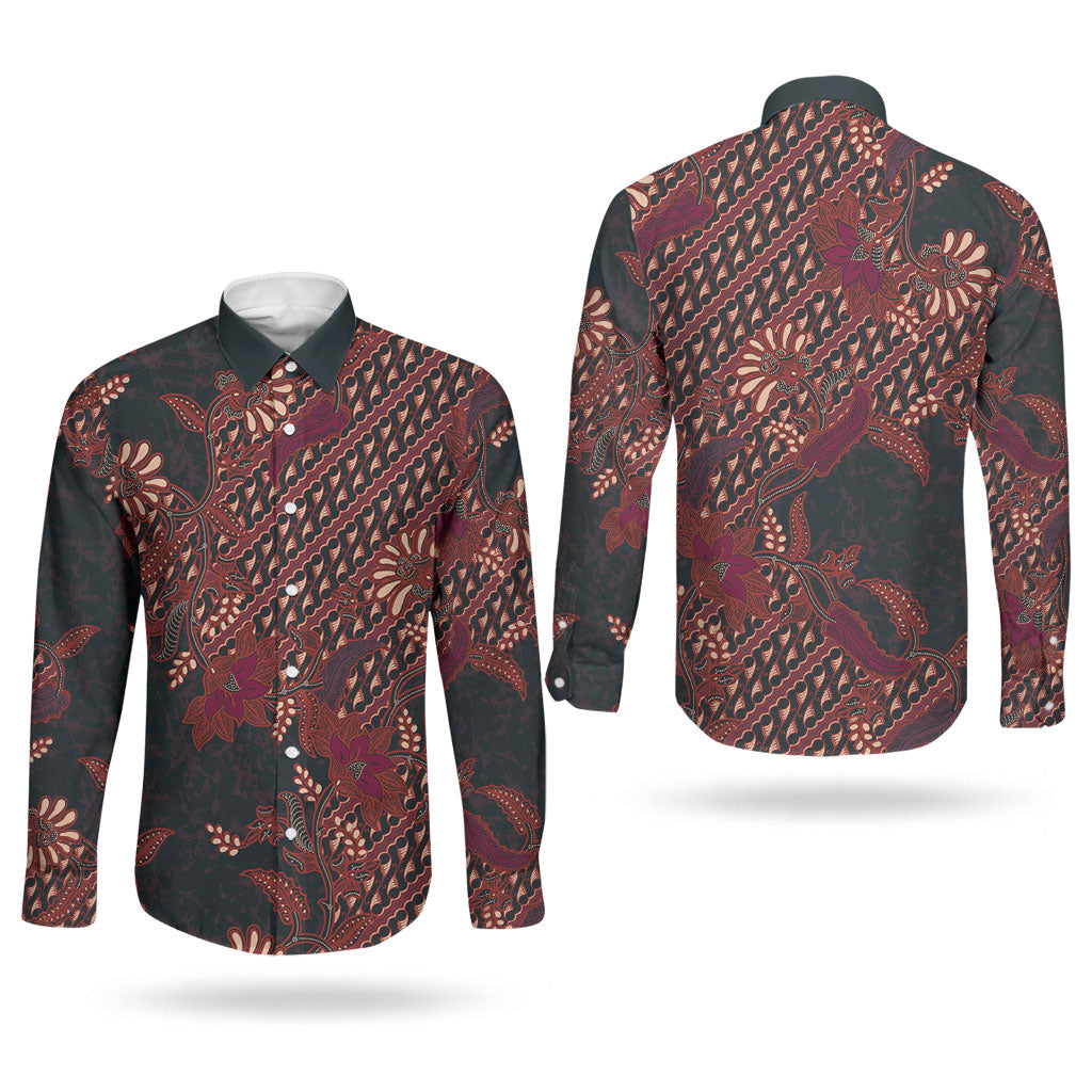 Indonesian Parang Batik Couples Matching Puletasi and Long Sleeve Button Shirt Red Floral Pattern