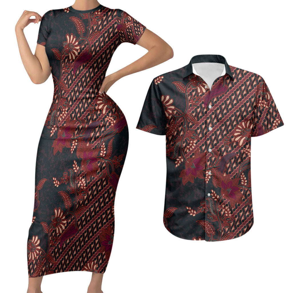 Indonesian Parang Batik Couples Matching Short Sleeve Bodycon Dress and Hawaiian Shirt Red Floral Pattern
