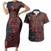 Indonesian Parang Batik Couples Matching Short Sleeve Bodycon Dress and Hawaiian Shirt Red Floral Pattern