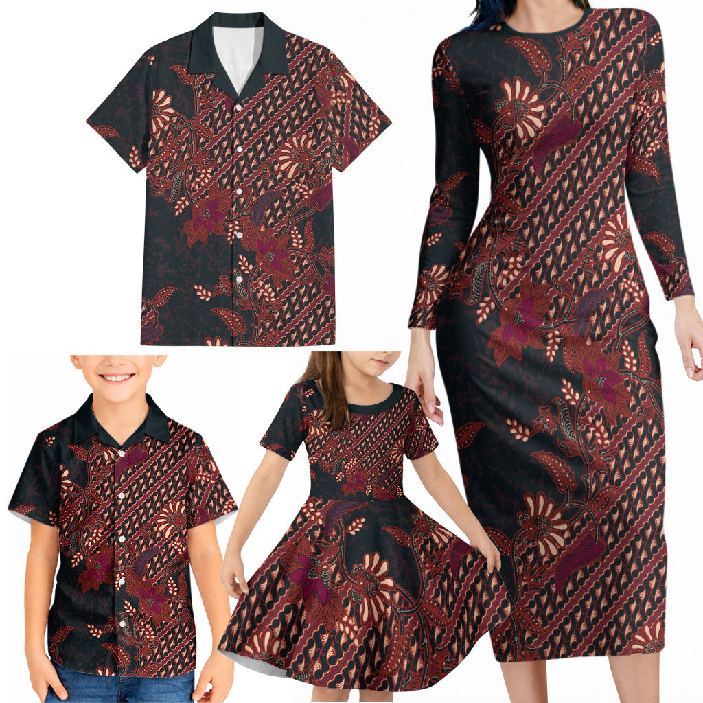Indonesian Parang Batik Family Matching Long Sleeve Bodycon Dress and Hawaiian Shirt Red Floral Pattern
