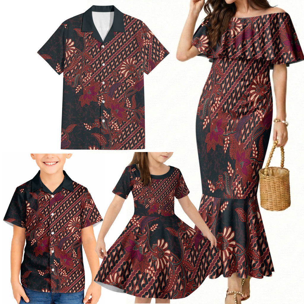 Indonesian Parang Batik Family Matching Mermaid Dress and Hawaiian Shirt Red Floral Pattern