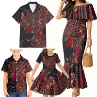 Indonesian Parang Batik Family Matching Mermaid Dress and Hawaiian Shirt Red Floral Pattern