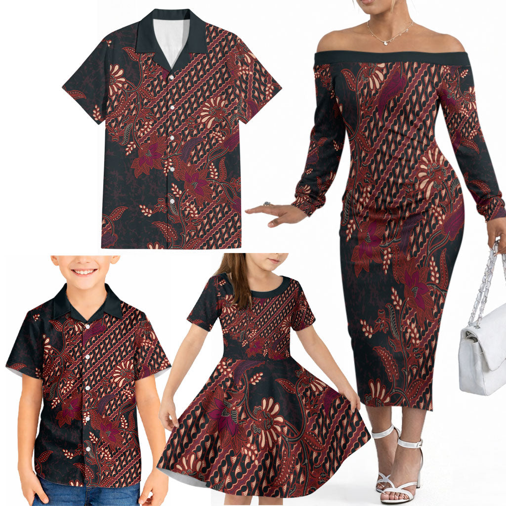 Indonesian Parang Batik Family Matching Off The Shoulder Long Sleeve Dress and Hawaiian Shirt Red Floral Pattern