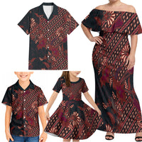 Indonesian Parang Batik Family Matching Off Shoulder Maxi Dress and Hawaiian Shirt Red Floral Pattern