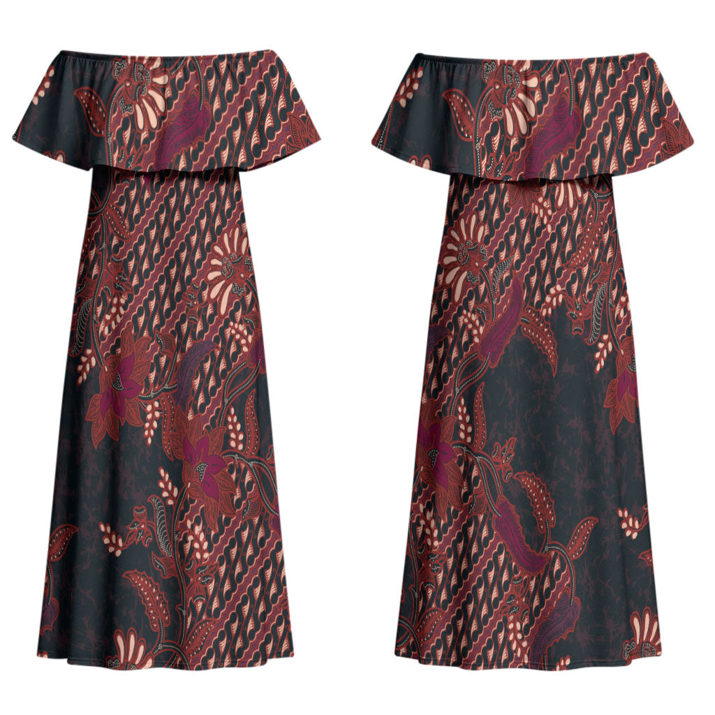 Indonesian Parang Batik Family Matching Off Shoulder Maxi Dress and Hawaiian Shirt Red Floral Pattern