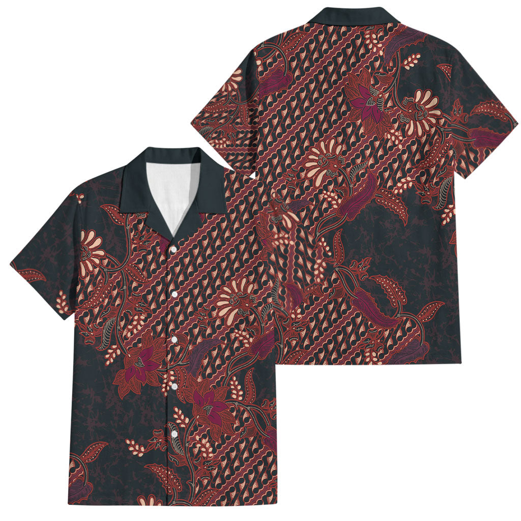 Indonesian Parang Batik Family Matching Off Shoulder Maxi Dress and Hawaiian Shirt Red Floral Pattern