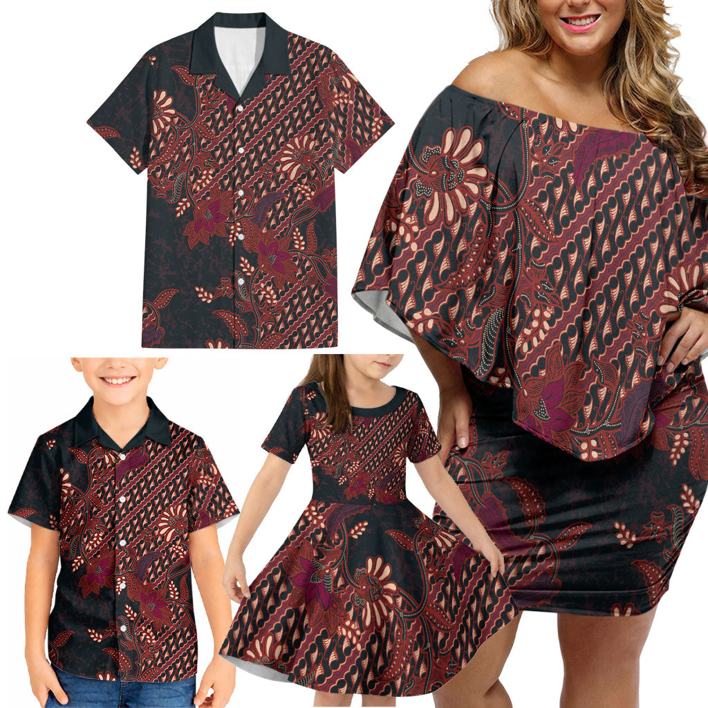 Indonesian Parang Batik Family Matching Off Shoulder Short Dress and Hawaiian Shirt Red Floral Pattern