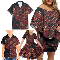 Indonesian Parang Batik Family Matching Off Shoulder Short Dress and Hawaiian Shirt Red Floral Pattern