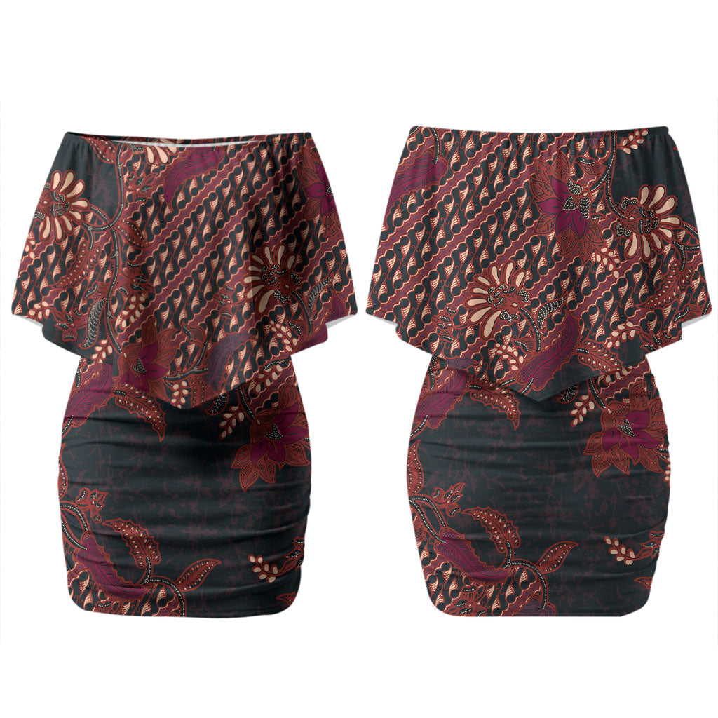 Indonesian Parang Batik Family Matching Off Shoulder Short Dress and Hawaiian Shirt Red Floral Pattern