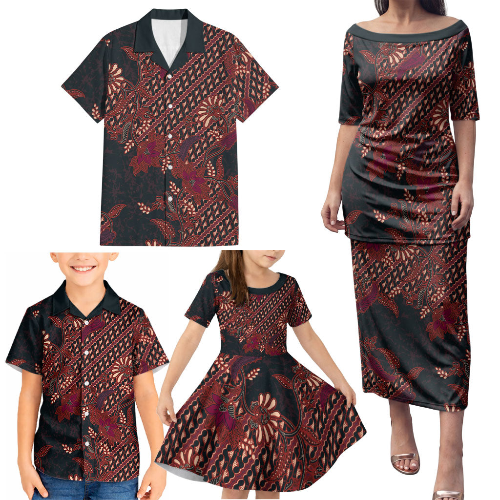 Indonesian Parang Batik Family Matching Puletasi and Hawaiian Shirt Red Floral Pattern