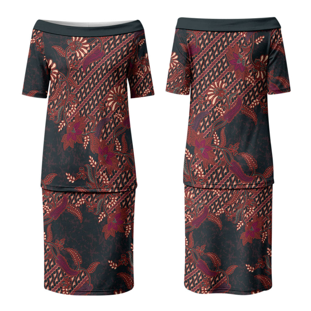 Indonesian Parang Batik Family Matching Puletasi and Hawaiian Shirt Red Floral Pattern