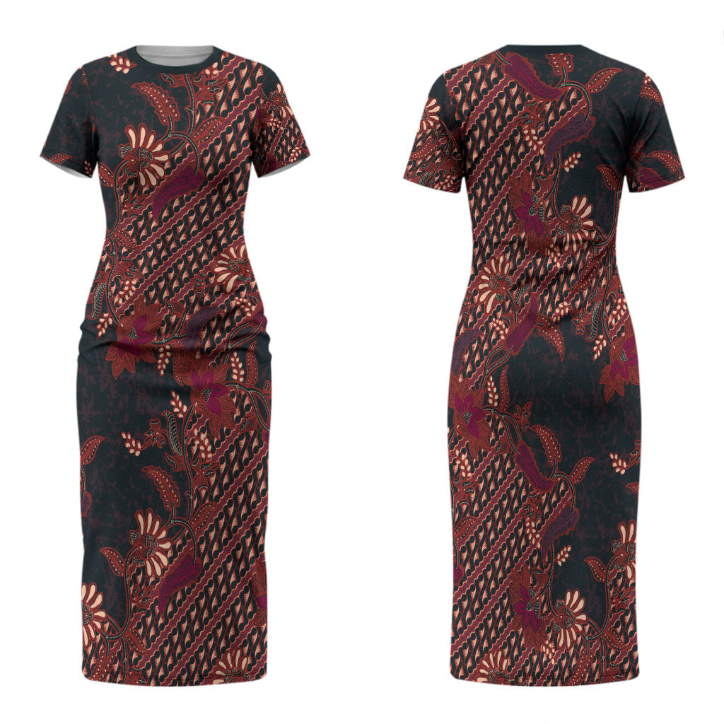 Indonesian Parang Batik Family Matching Short Sleeve Bodycon Dress and Hawaiian Shirt Red Floral Pattern