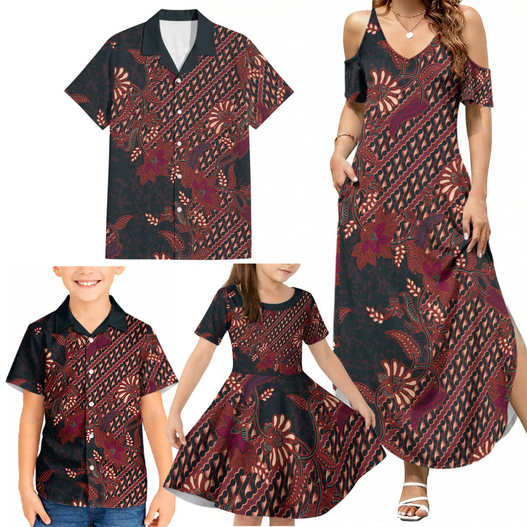 Indonesian Parang Batik Family Matching Summer Maxi Dress and Hawaiian Shirt Red Floral Pattern