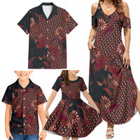 Indonesian Parang Batik Family Matching Summer Maxi Dress and Hawaiian Shirt Red Floral Pattern