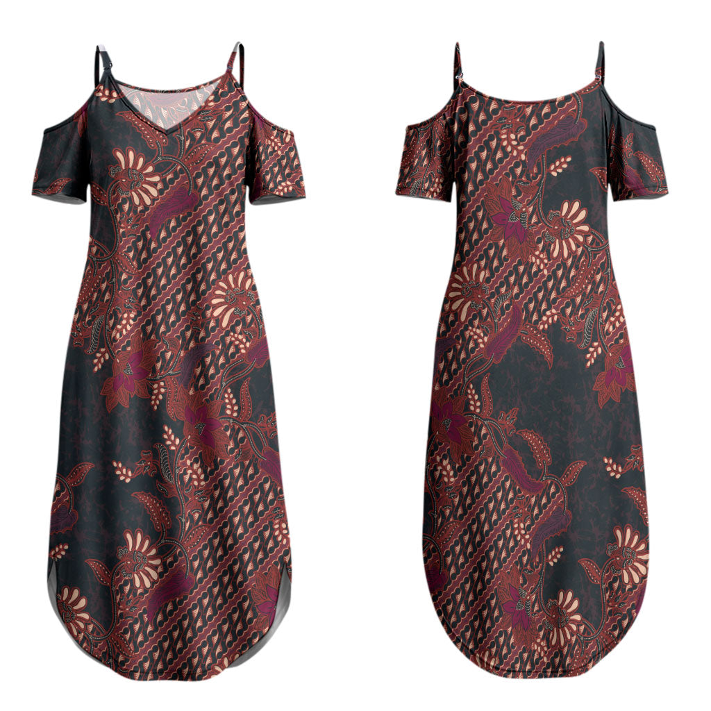 Indonesian Parang Batik Family Matching Summer Maxi Dress and Hawaiian Shirt Red Floral Pattern