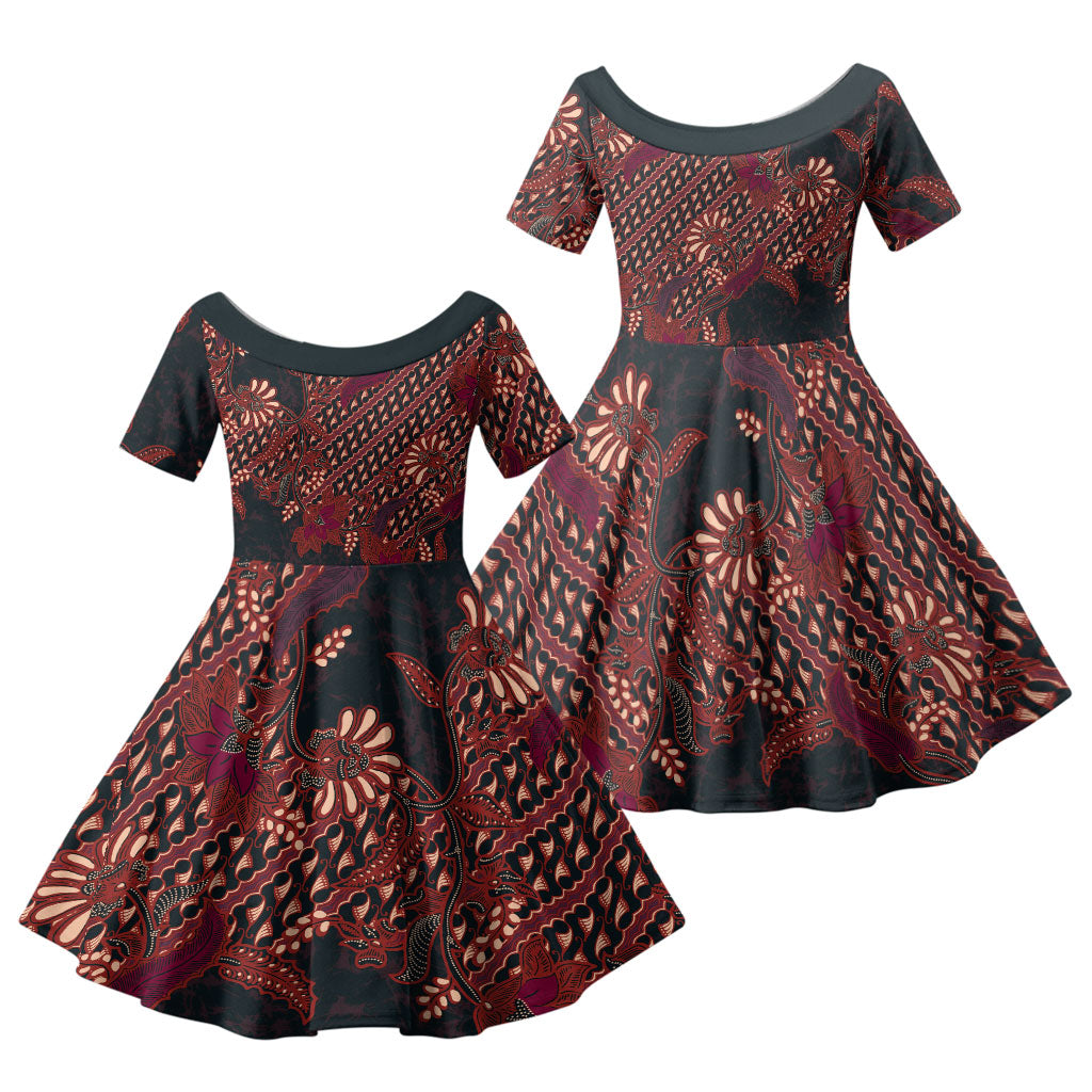 Indonesian Parang Batik Family Matching Summer Maxi Dress and Hawaiian Shirt Red Floral Pattern