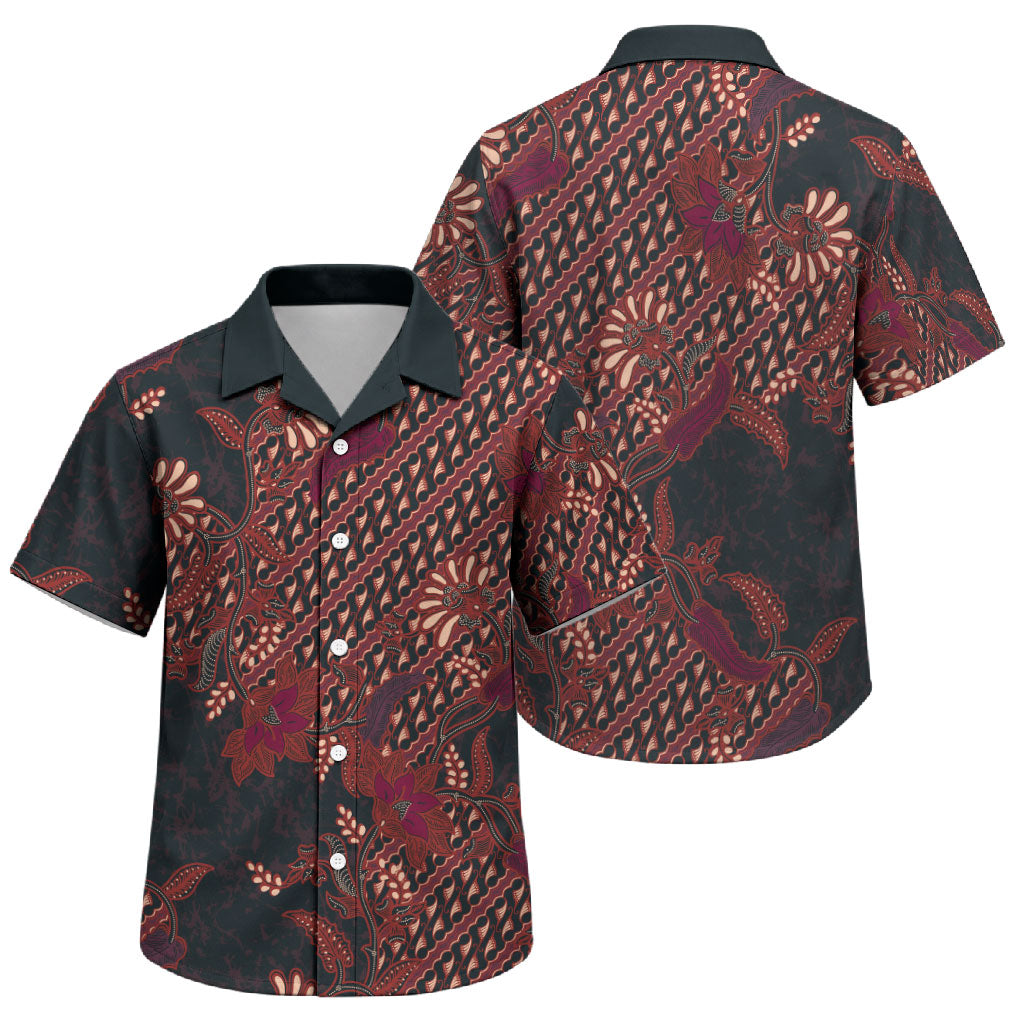 Indonesian Parang Batik Family Matching Summer Maxi Dress and Hawaiian Shirt Red Floral Pattern