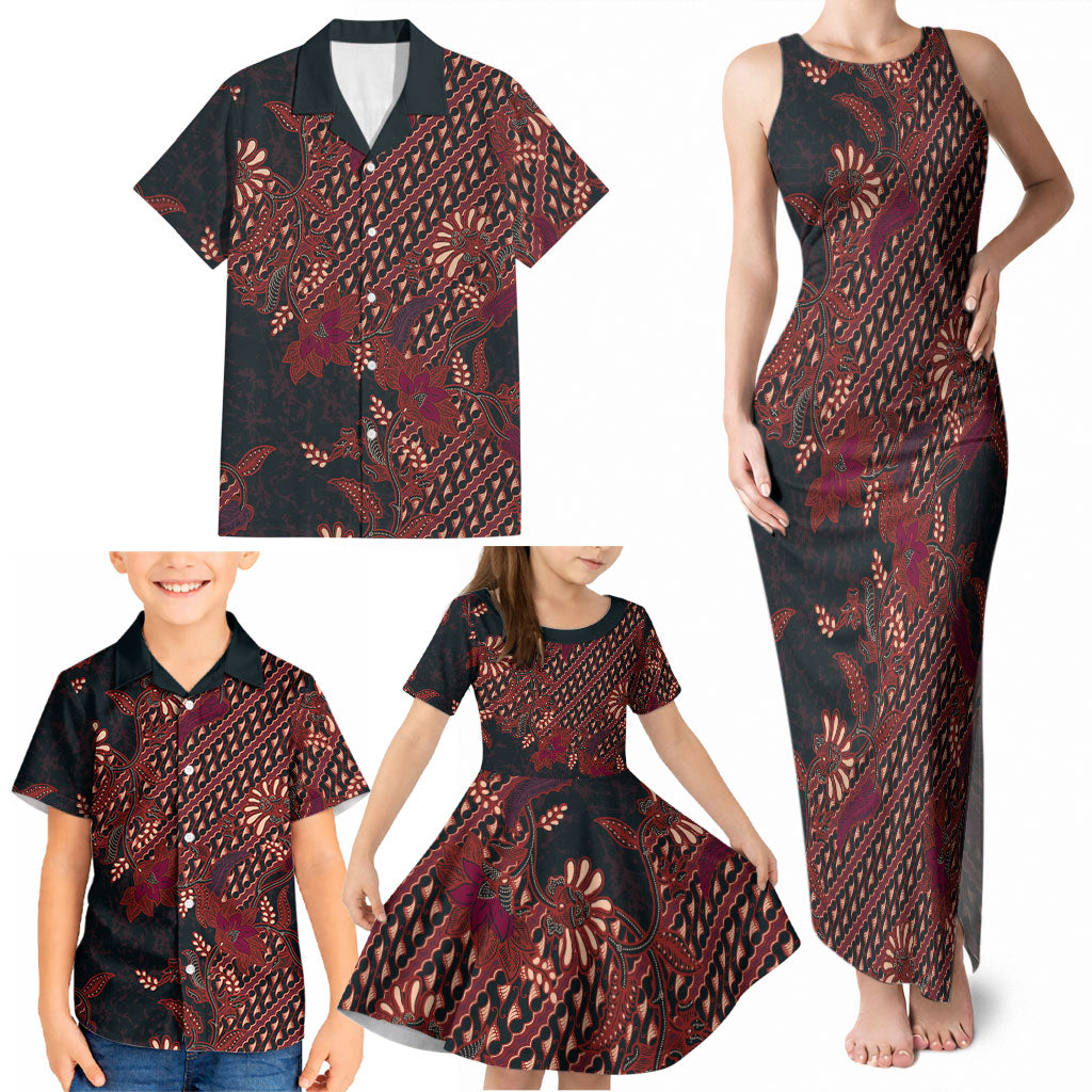 Indonesian Parang Batik Family Matching Tank Maxi Dress and Hawaiian Shirt Red Floral Pattern