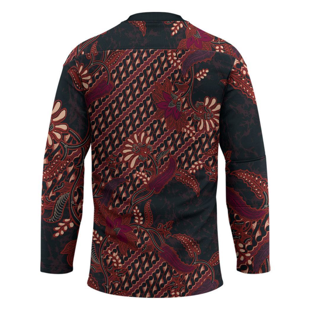 Indonesian Parang Batik Hockey Jersey Red Floral Pattern