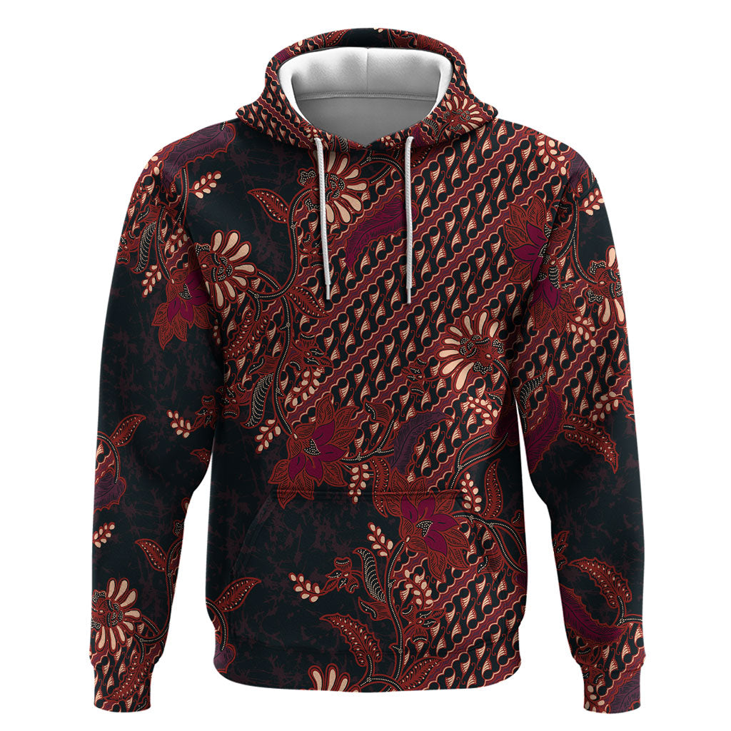 Indonesian Parang Batik Hoodie Red Floral Pattern