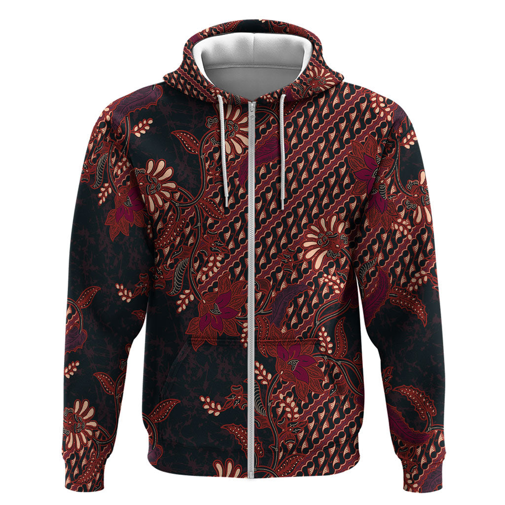 Indonesian Parang Batik Hoodie Red Floral Pattern