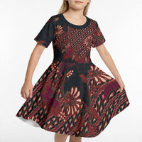 Indonesian Parang Batik Kid Short Sleeve Dress Red Floral Pattern