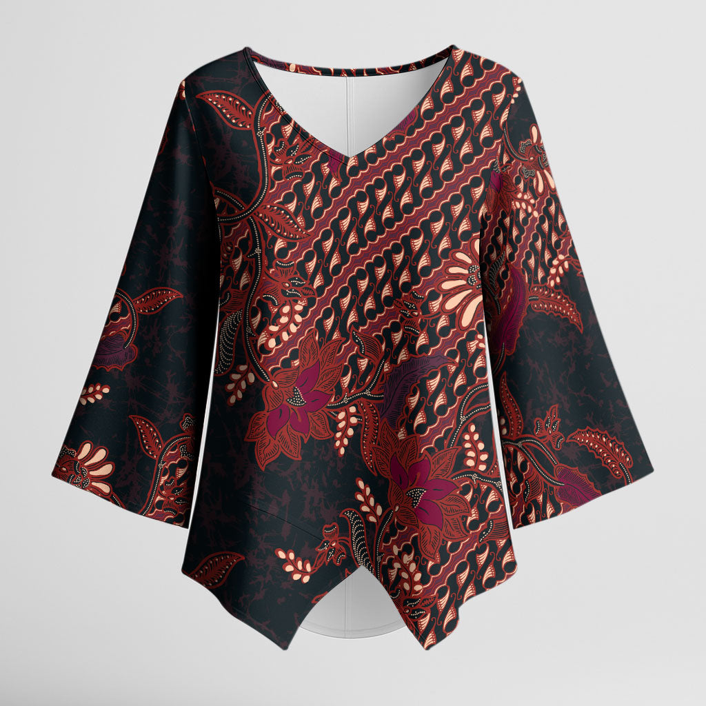 Indonesian Parang Batik Kimono Sleeve Blouse Red Floral Pattern