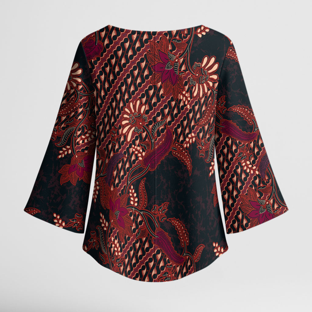 Indonesian Parang Batik Kimono Sleeve Blouse Red Floral Pattern