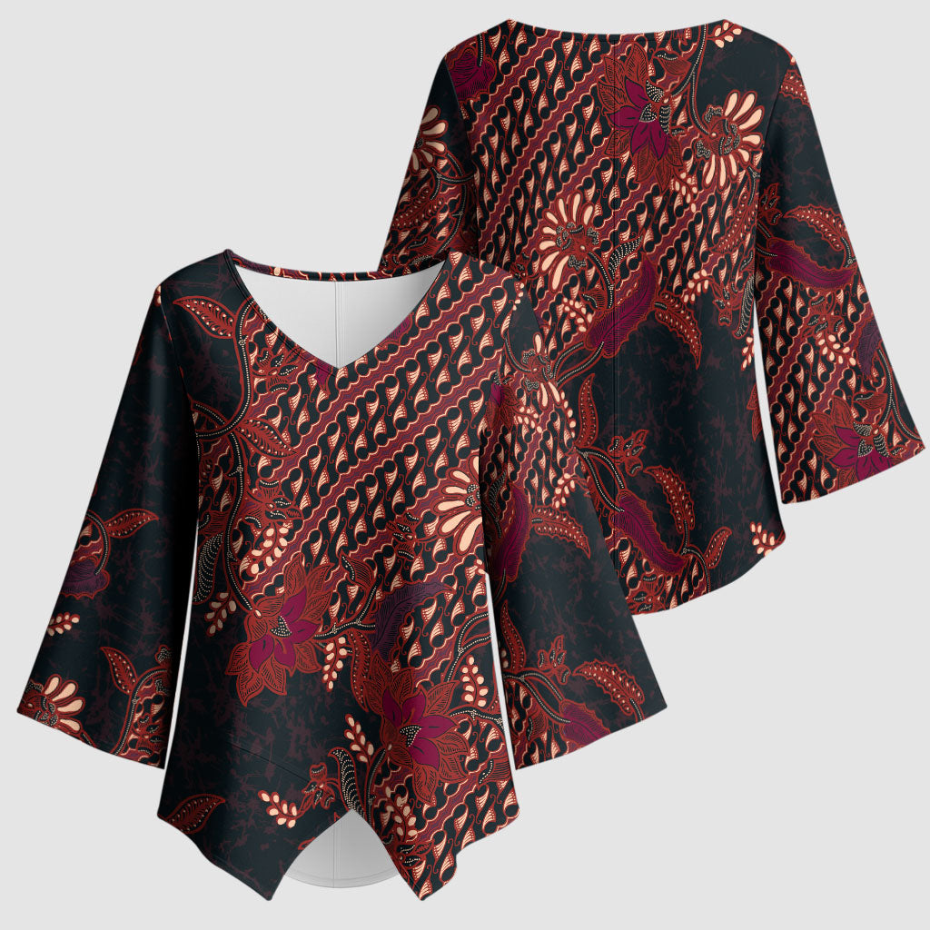 Indonesian Parang Batik Kimono Sleeve Blouse Red Floral Pattern