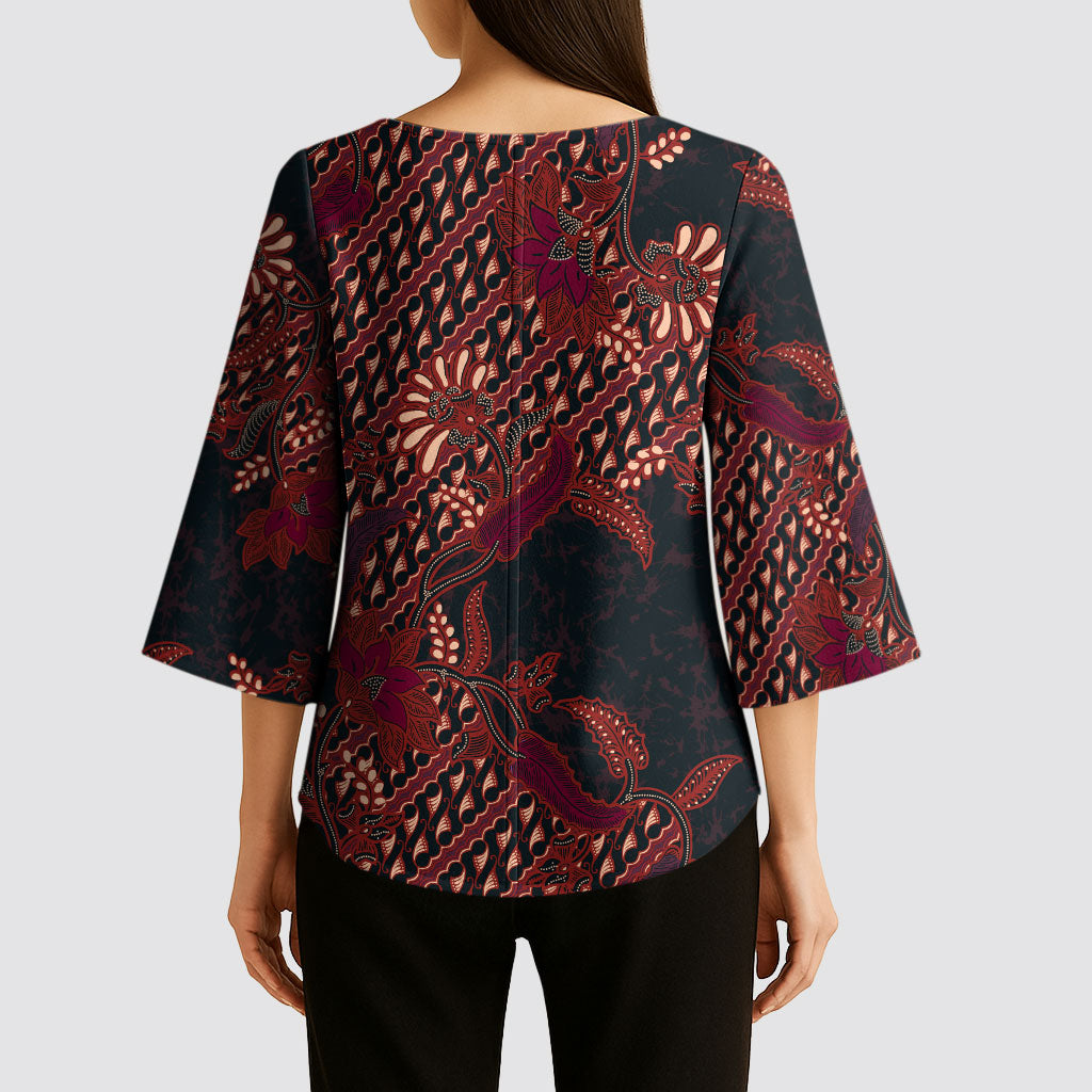Indonesian Parang Batik Kimono Sleeve Blouse Red Floral Pattern